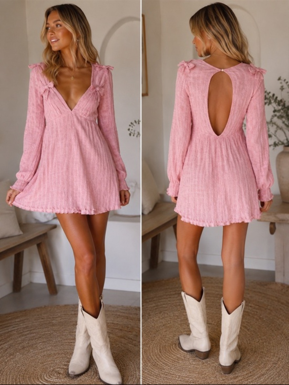 Free People Pink Coquette Bow Mini Dress XS Cottagecore Fairycore Boho Babydoll